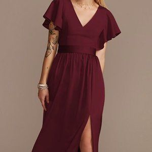 David's Bridal Flutter Sleeve V-Neck Charmeuse Bridesmaid Dress